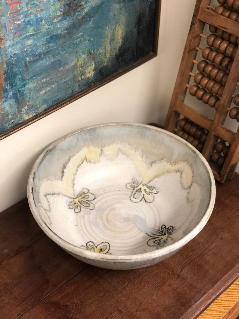 Handmade vintage ceramic white and blue studio pottery mid century modern signed decor bowl tray image 1