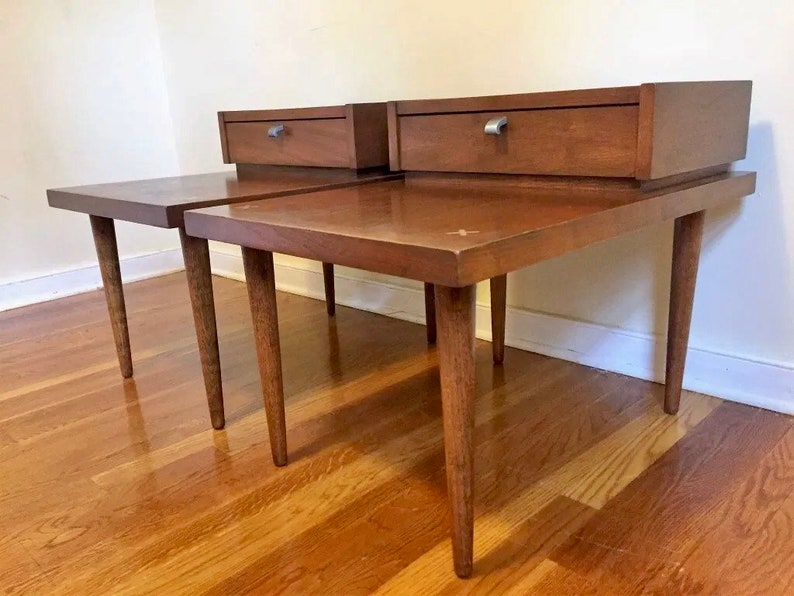 Free Shipping Within US Pair of Vintage American of Martinsville Mid Century Modern MCM Table Stand with Brass Pulls with One Drawer image 5