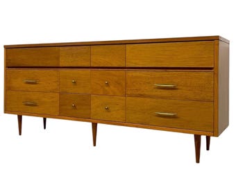 Free shipping within continental US - Vintage Mid Century Modern Credenza Dresser with 12 Drawers, Tapered Legs and Brass-Toned Hardware