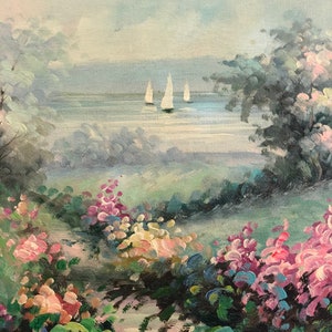 Vintage victorian scenic water nautical boating boat mid century modern signed floral pastel original painting box 9 image 4