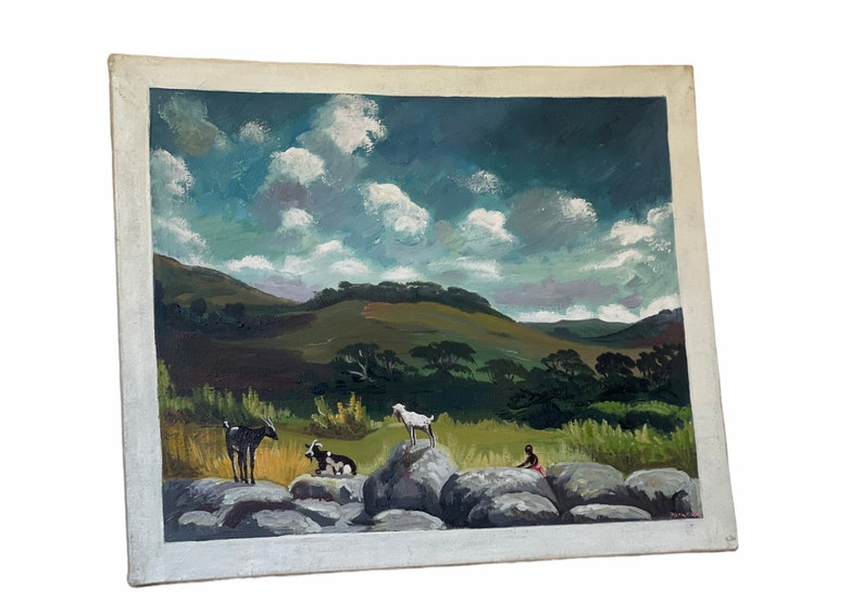 Vintage Scenic Painting Animals People Greenery Forest Foliage Floral Mid Century Modern Seattle Canvas Deco Retro Mountains image 7