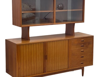 Free Shipping Within Continental US - Vintage Danish Mid Century Modern Teak Credenza Hutch Tambour Door Cabinet Dovetailed Drawers