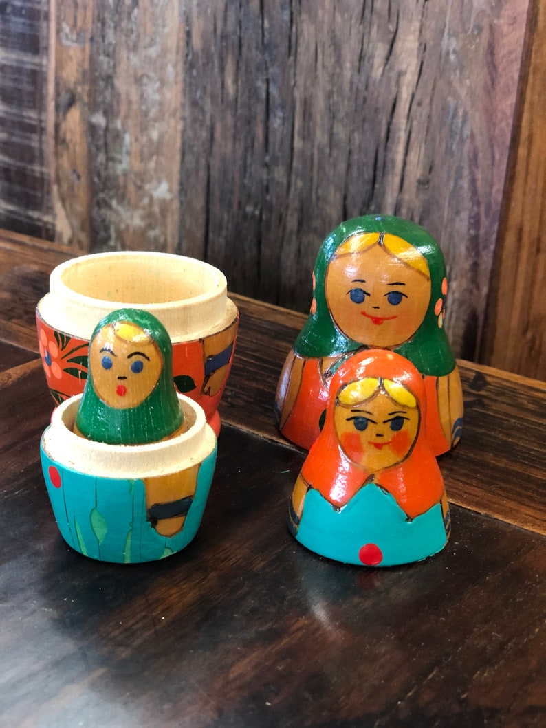 Vintage MCM Wooden Nesting Dolls Handpainted Handmade Cute Charming Cottagecore Danish Russian Made In USSR Decor Figurines Small image 3