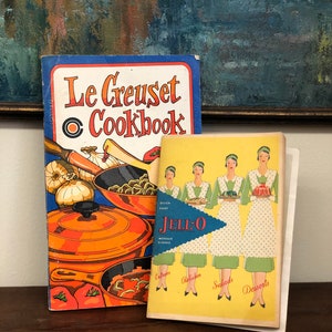 Vintage 1970s Le Creuset Cookbook and 1930s Jell-o Recipe book with original insert Print Decor Retro image 1