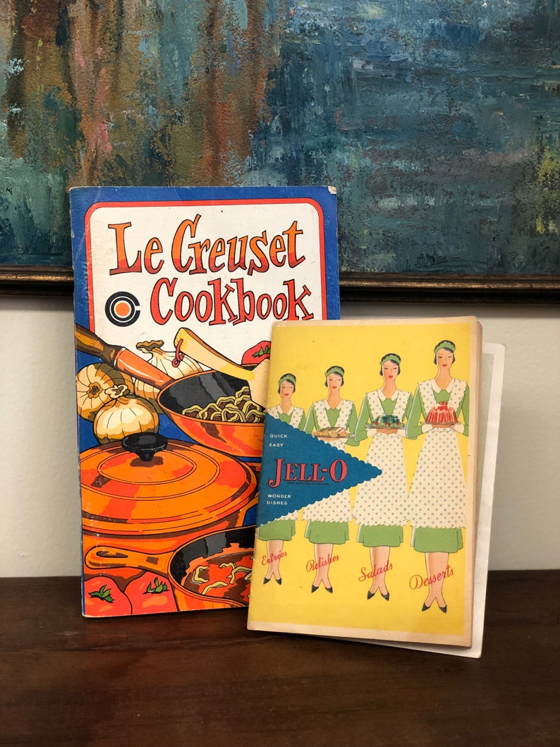 Vintage 1970s Le Creuset Cookbook and 1930s Jell-o Recipe book with original insert Print Decor Retro image 1