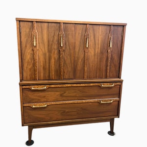 Free Shipping Within Continental US Vintage Mid Century Modern Tallboy Dresser Solid Walnut Burl Accent image 2