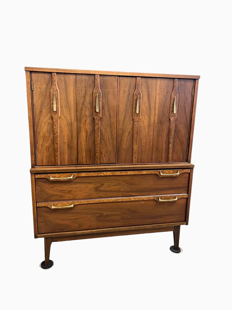 Free Shipping Within Continental US Vintage Mid Century Modern Tallboy Dresser Solid Walnut Burl Accent image 2