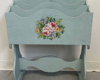 Free Shipping Within Continental US - Vintage Wooden Magazine Rack With Floral Motif.