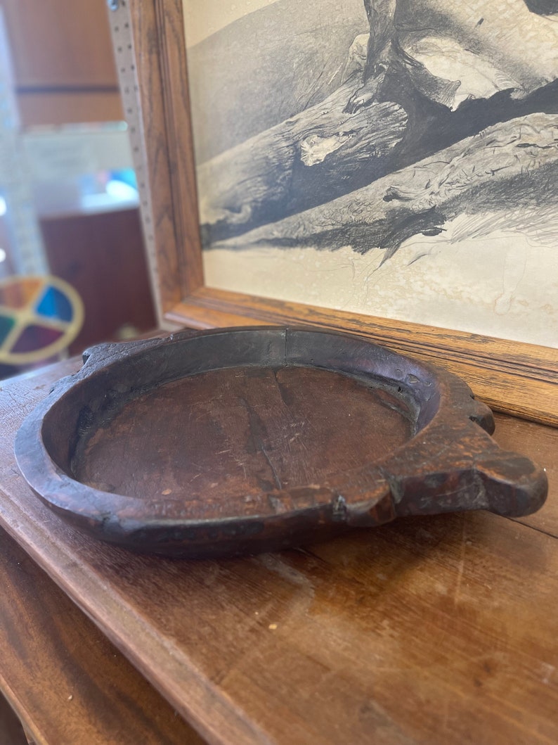 Vintage Primative Style Wooden Tray with Handcarved Handles Antique style dark stain wood Wear consistent with age as pictured image 6
