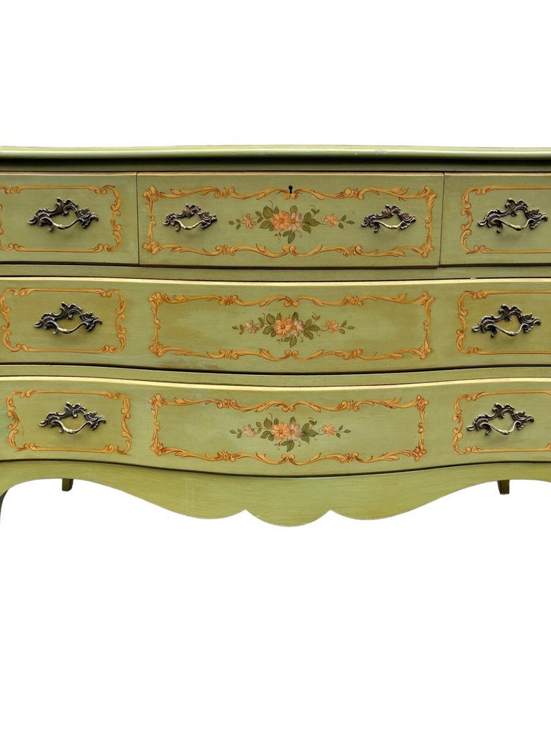 Free Shipping Within Continental US Vintage French Provincial Style Cherry Wood Dresser by John Widdicomb. Hand Painted Floral Details. image 3