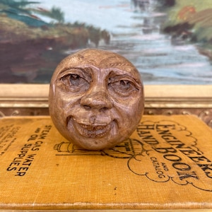 Free shipping within Continental US - Vintage Hand-Carved Wooden Moon Face Sculpture - Signed Folk Art Sphere