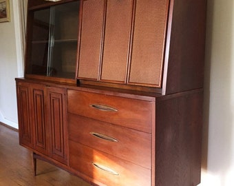 Free and insured Shipping Within US - Vintage Mid Century Modern Dresser With Drop Down Desk and Storage Hutch