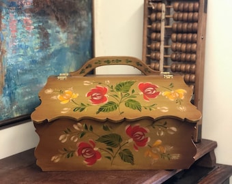 Vintage Large Hand Painted Box Floral Flowers Wood Box Flowers Drawing Signed Alice Holmes 1980s Retro mid century Sewing Farmhouse