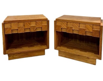 Free Shipping Within Continental US - Vintage Mid Century Modern Lane Brutalist End Table Set. Dovetail Drawers.