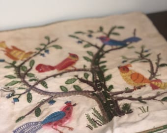 Vintage Retro MCM Animals Hand Embroidered Bird Pillowcase Mid Century Modern