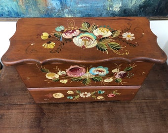 Vintage One of a Kind Wooden Handpainted Floral Jewelry Dresser Drawer Box Handmade Fine Detail Unique Design Lid Cottage Farmhouse