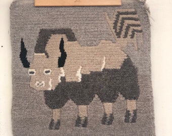 Free Shipping Within US - Vintage handmade handwoven tapestry bull grey