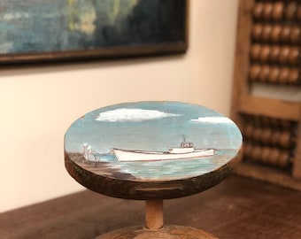 Vintage Handpainted Marine Vessel Boat Scene Seashore on Wooden Reclaimed Ship Parts - Original Artisan Sculpture