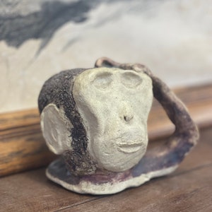 Handmade Vintage Ceramic Signed Monkey Sculpture Rendering Abstract Art Décor Brown, White image 2