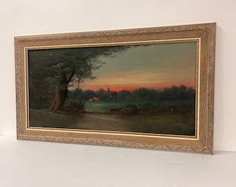 Free shipping within continental US -  Vintage Mid Century Traditional Style Watercolor Painting of  Landscape Rustic Style Wooden frame.