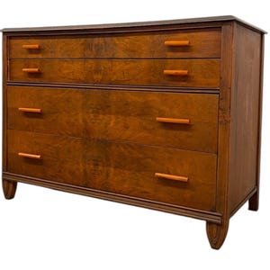 Free shipping within continental US -Vintage Art Deco 4 Drawer Dresser with Book matched Burl Wood Accents and Bakelite Pulls by Crescent Co