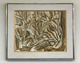 Vintage Mid Century Modern Oil Painting Golden Tones Abstract Primitive framed