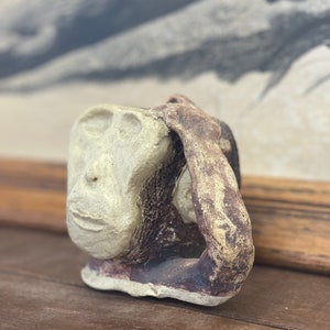 Handmade Vintage Ceramic Signed Monkey Sculpture Rendering Abstract Art Décor Brown, White image 3