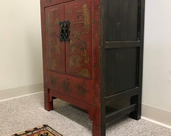Free and insured Shipping within US - 18th Century Red Lacquer Chinese Cabinet with Gilded Medallions