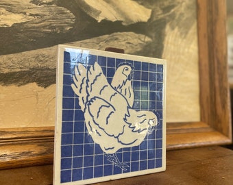 Vintage Blue Rooster Tile Coaster Motif Dish Unique Antique Style Retro decor art decor