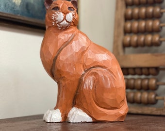 Handcarved Wooden Painted Orange White Charming Cat Sculpture Figurine Art Decor Porch Patio Desk Bookcase Display retro art