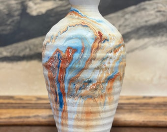 Vintage Handmade Nemadji Vase Minnesota Multicolored Stamped ceramic vase antique pottery orange and blue designed decor