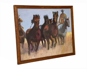 Framed and Signed Vintage Horse Painting by Don Gaman Western Theme Boho Retro Mid Century Modern Deco Cowboys Scenic Field Sky Blue Brown