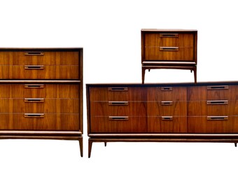 Free Shipping Within Continental US - Vintage Mid Century Modern Solid Walnut Dresser and End Table Set Dovetail Drawers