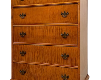 Free shipping within continental US - Vintage 5-Drawer Chest with Figured Wood Grain, Dovetailed Drawers and Brass-Toned Hardware