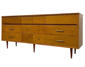 Free shipping within continental US - Vintage Mid Century Modern Credenza Dresser with 12 Drawers, Tapered Legs and Brass-Toned Hardware