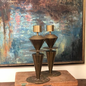 Vintage Pair Mid Century Modern Brass Candleholders Geometric Home Decor Retro Deco Tabletop Art Abstract Candle Holder image 1