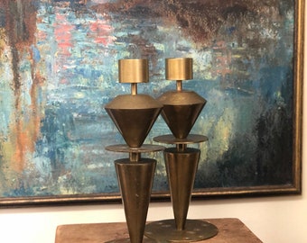 Vintage Pair Mid Century Modern Brass Candleholders Geometric Home Decor Retro Deco Tabletop Art Abstract Candle Holder