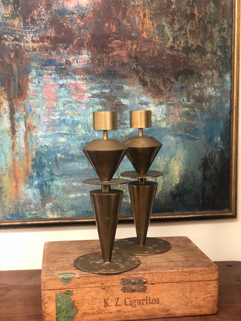 Vintage Pair Mid Century Modern Brass Candleholders Geometric Home Decor Retro Deco Tabletop Art Abstract Candle Holder image 1