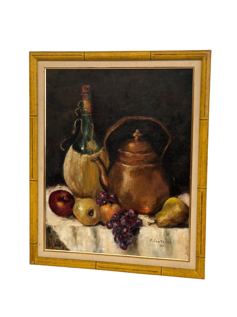 Vintage MCM Original Painting Oil Painting Fruits Kettle Vase Handpainted Multicolored Black Gold mid century modern retro deco Fruit Still image 2