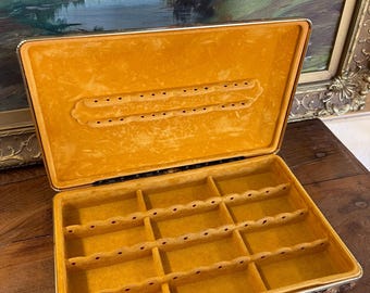 Free shipping within continental US - Vintage Mid-Century Jewelry Case with Gold Velvet-like Interior and Patterned Exterior