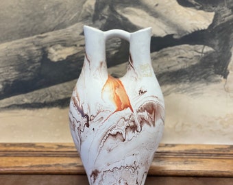 Vintage Handmade Double Spout Nemadji Vase Minnesota Multicolored Stamped ceramic vase antique pottery orange and blue designed decor