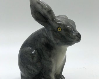 Italian Vintage Genuine Alabaster Rabbit Sculpture hand carved gray and white art