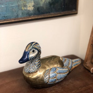 Art Deco Mid Century Ceramic and Metal Duck Statue Sculpture Brass Ceramic Handpainted Retro Bird Paperweight image 1