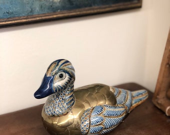 Art Deco Mid Century Ceramic and Metal Duck Statue Sculpture Brass Ceramic Handpainted Retro Bird Paperweight