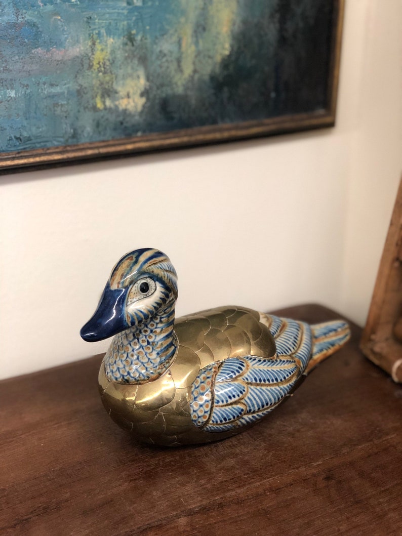 Art Deco Mid Century Ceramic and Metal Duck Statue Sculpture Brass Ceramic Handpainted Retro Bird Paperweight image 1