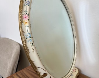 Free shipping within continental US - Vintage French Provincial Vanity Tilting Mirror - Hand-Painted Floral Oval Shabby Chic Tabletop