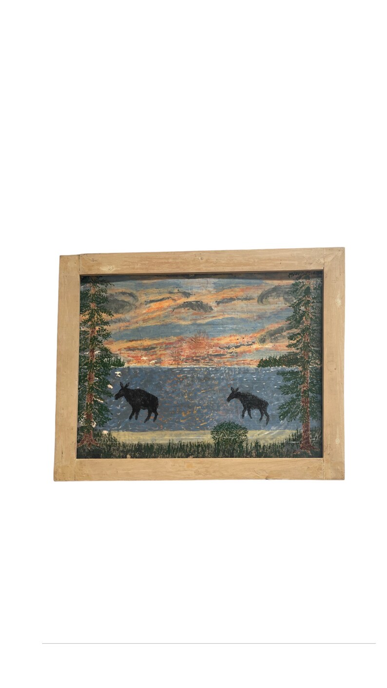 Vintage Wooden Frame Abstract Nature Drawing Moose in Lake Drawing Possibly Pastel Art decor handmade signed MAL image 1