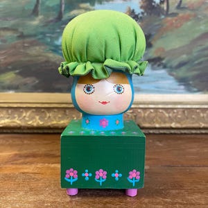 Free shipping within continental US - Vintage Hand-Painted Folk Art Doll Figurine on Wooden Block Base with Fabric Bonnet, Signed Mary Maki