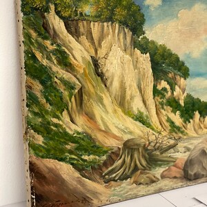 Vintage Mid Century Modern Painting Mountain Scenic Coast MCM Retro Deco Patina Impressionist Primitive image 4