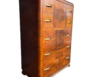 Free Shipping Within Continental US - Vintage Mahogany Art Deco Burl Wood 5 Drawers Dresser Cabinet Storage